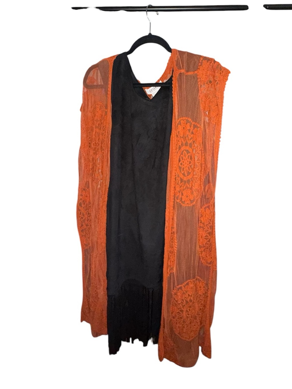 Orange Lace Long Overlay with Black velvet  material Dress